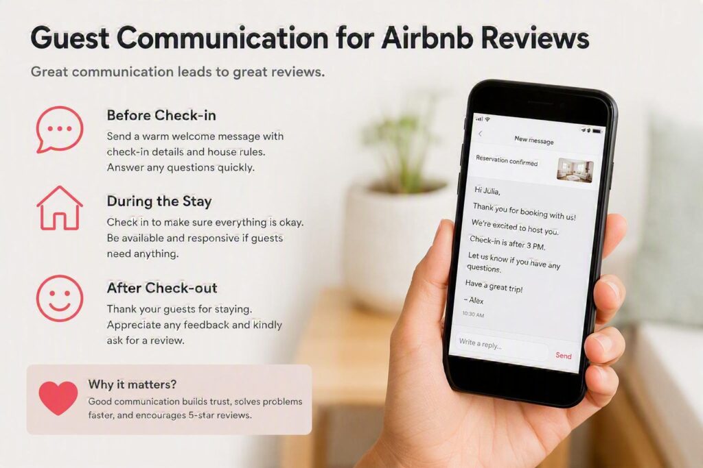 Airbnb guest communication guide showing pre-check-in, during-stay, and post-checkout messaging strategies on a smartphone to improve guest experience and earn 5-star Airbnb reviews.