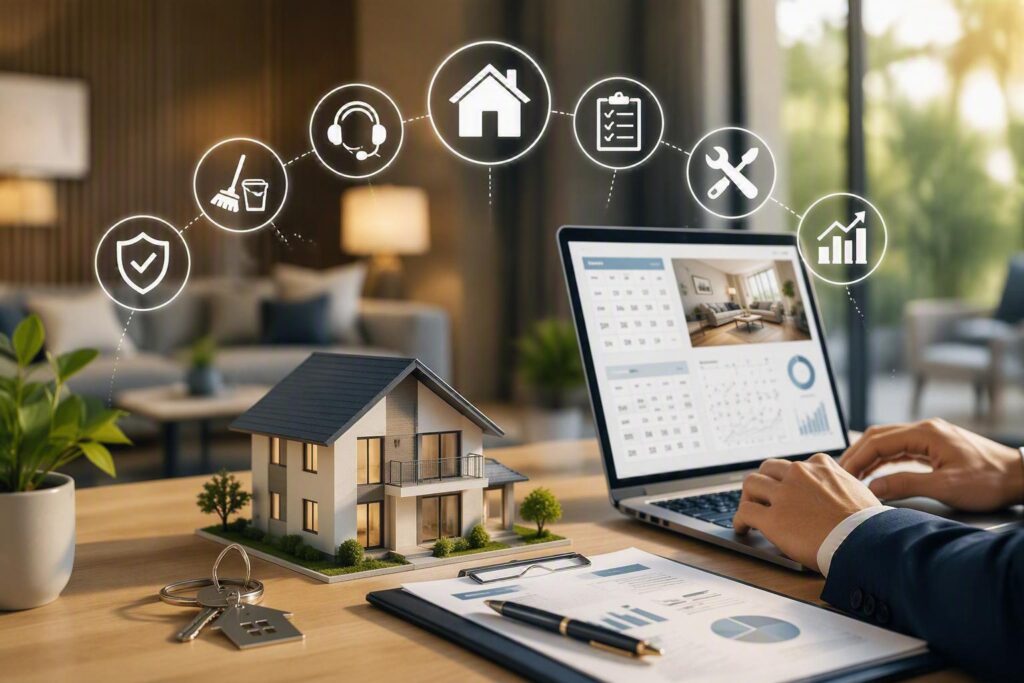 Property management professional using a digital dashboard to oversee vacation rental operations, guest communication, maintenance, cleaning, and revenue optimization for rental properties.