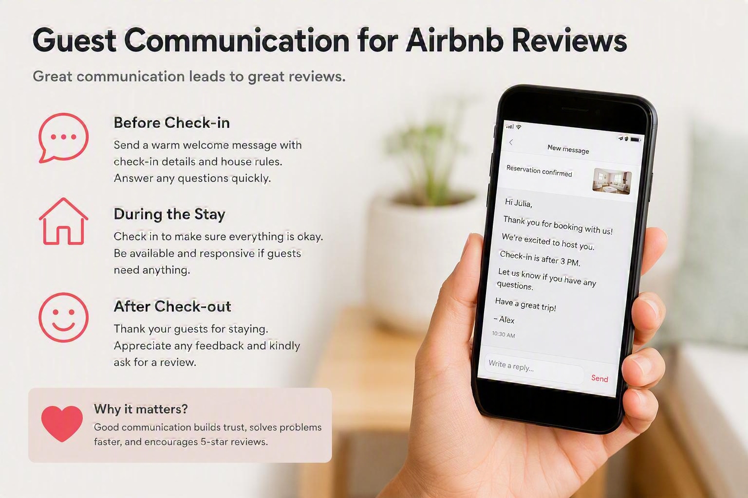 Airbnb guest communication guide showing pre-check-in, during-stay, and post-checkout messaging strategies on a smartphone to improve guest experience and earn 5-star Airbnb reviews.