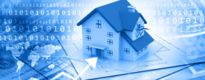Digital property management concept showing a modern house with data analytics and smart technology for rental market trends in 2026.