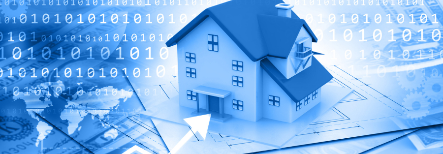 Digital property management concept showing a modern house with data analytics and smart technology for rental market trends in 2026.